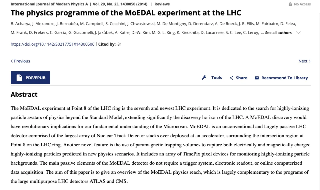 MoEDAL Publishes Physics Program