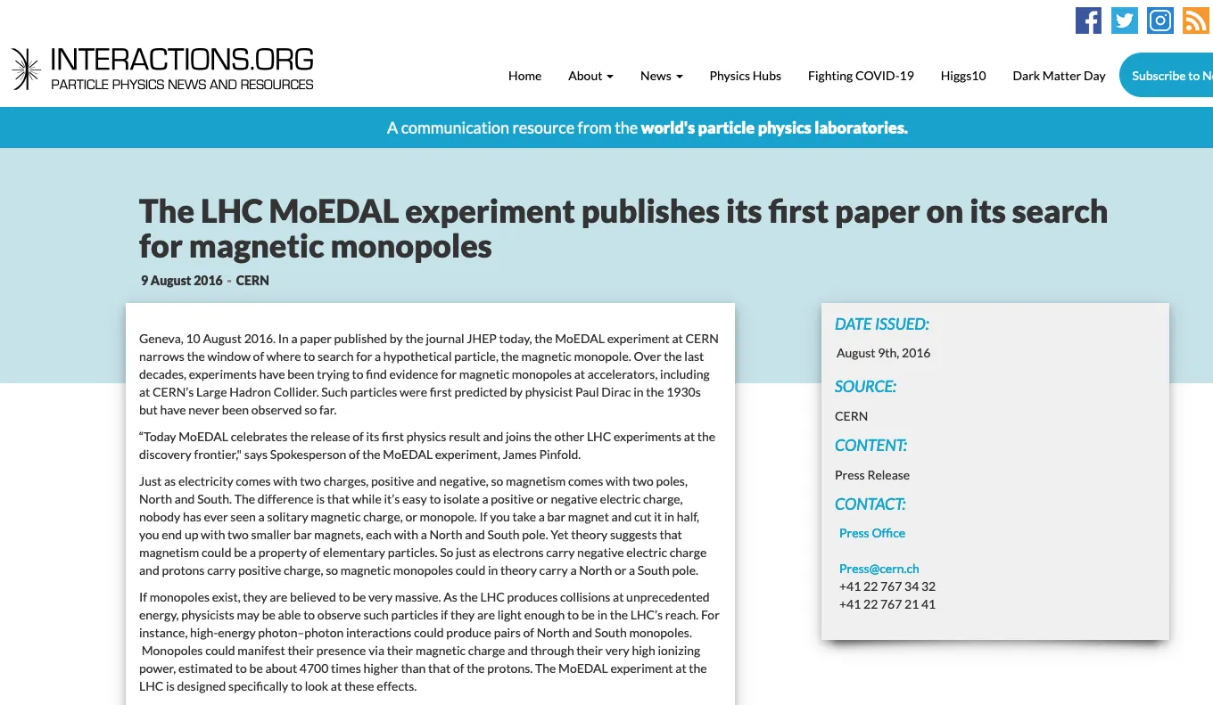 The LHC MoEDAL experiment publishes its first paper on its search for magnetic monopoles