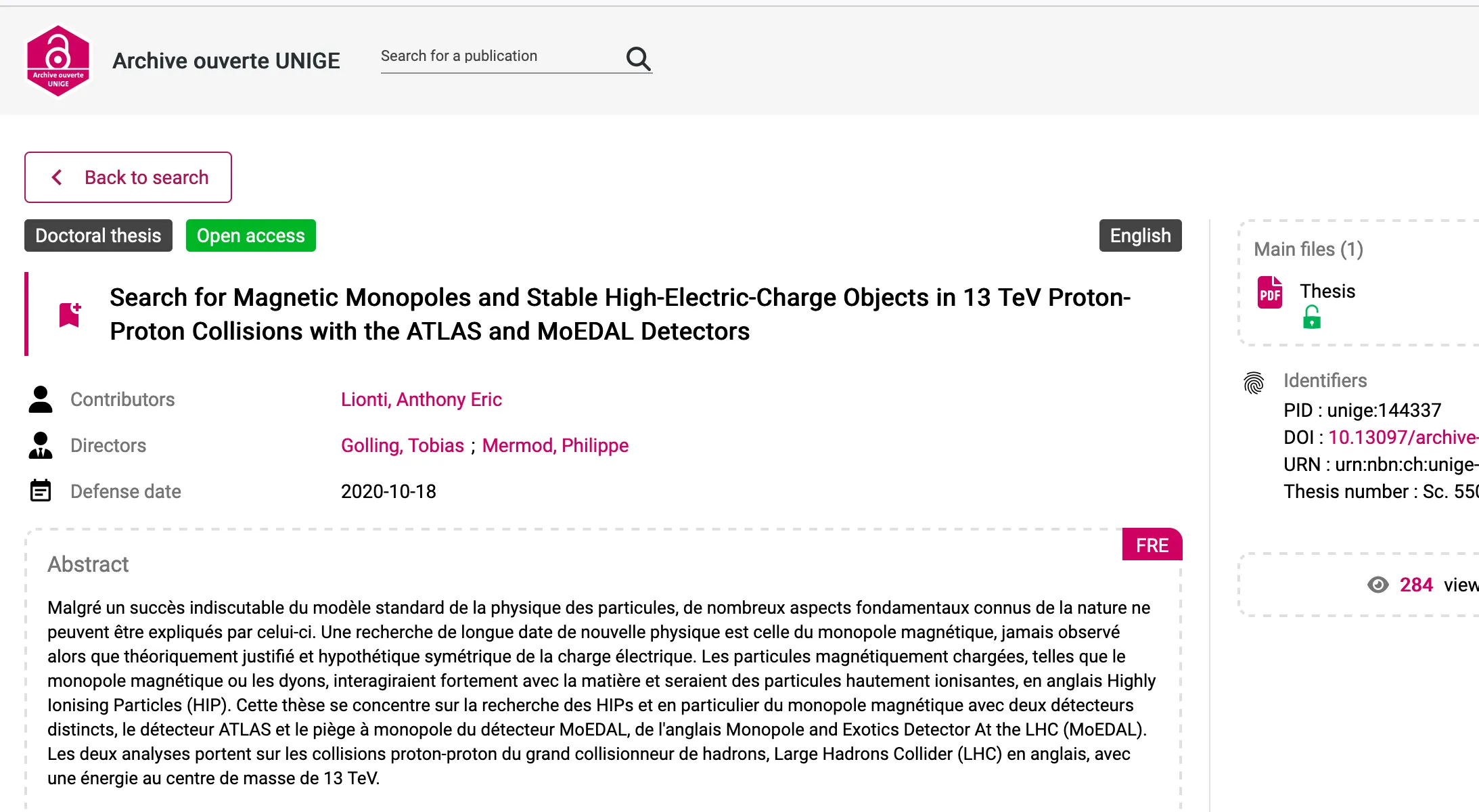 MoEDAL’s first PhD thesis from Anthony Lionti